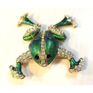Vintage Glitter Frog Crystal Green Brooch Articulated